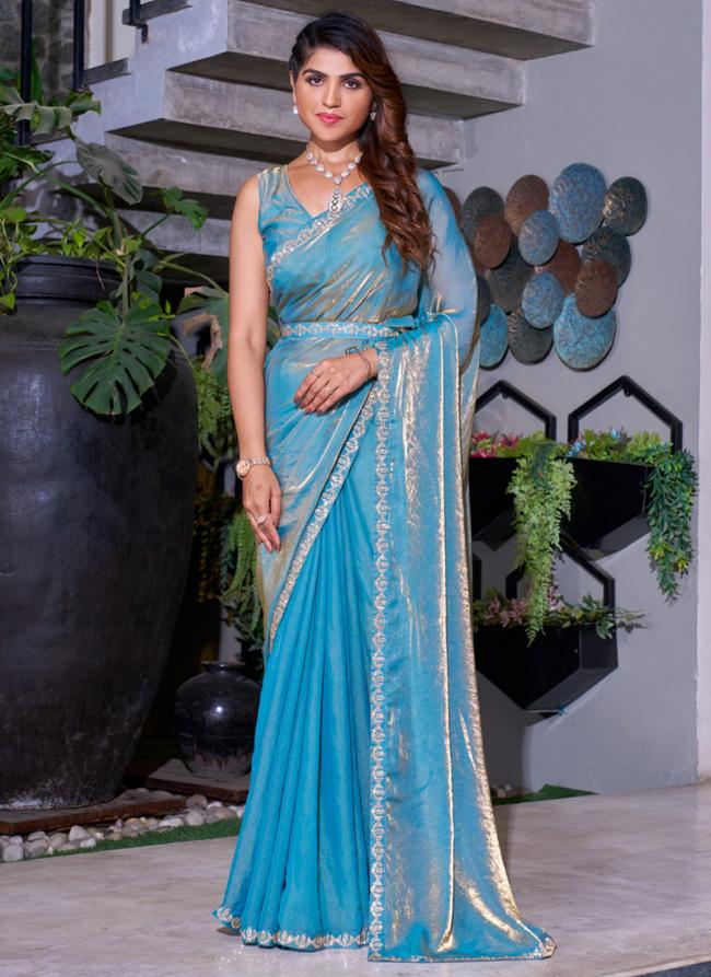 Sattin Silk Sky Blue Ceremonial Wear Hand Work Saree